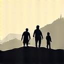 A small group of people silhouetted against a mountain