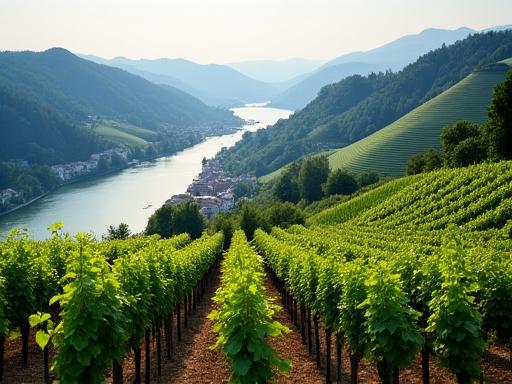 Terraced vineyards overlooking the Danube river in the Wachau Valley
